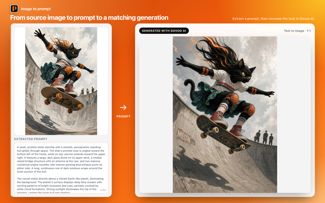 Spaceship example: source image, extracted prompt, and generated result