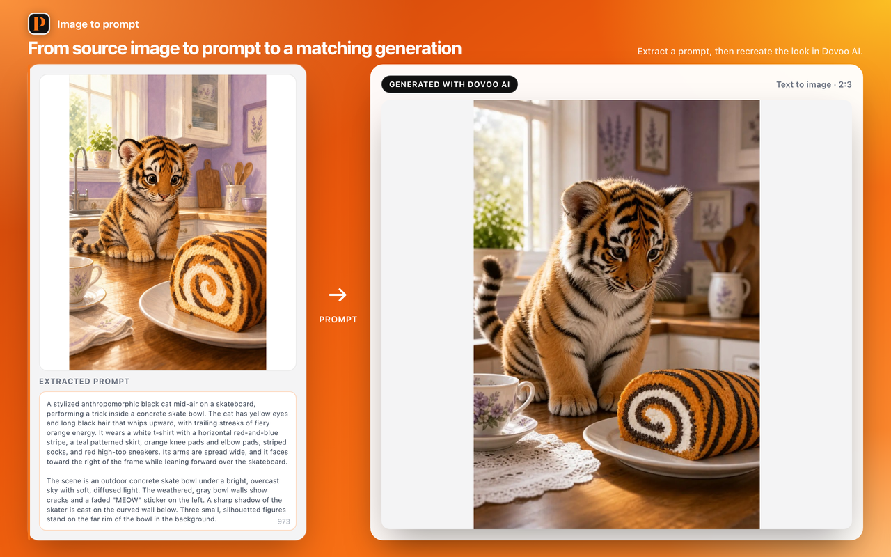 Skateboarding cat example with extracted prompt and generated image